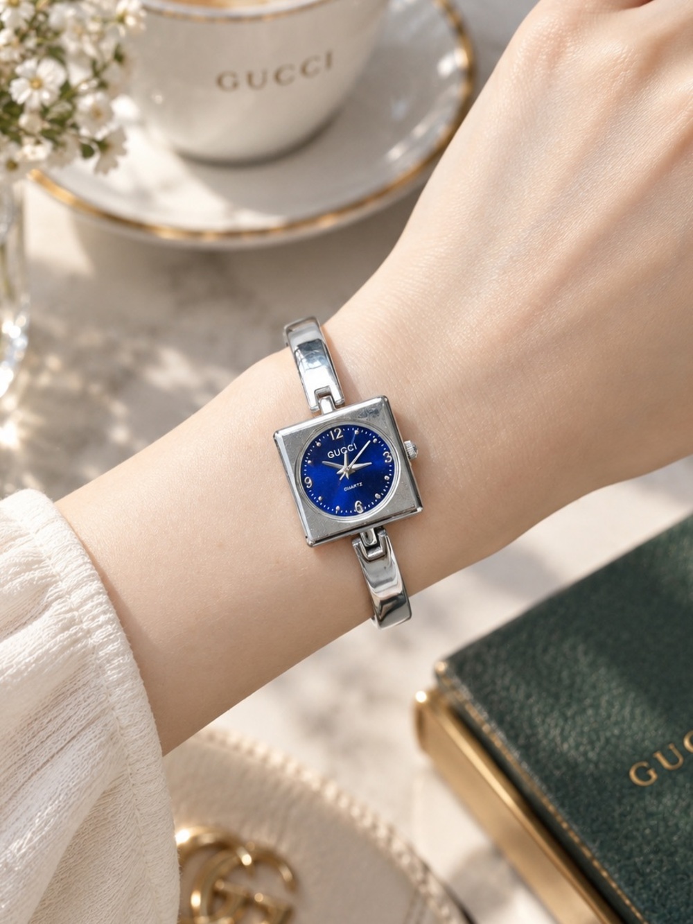 Gucci Silver-Tone Bangle Watch with Blue Dial